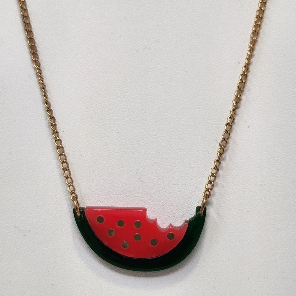 Meri Meri Watermelon Gold Tone Chain Necklace Acrylic Fruit Pendant Summer - Picture 1 of 5